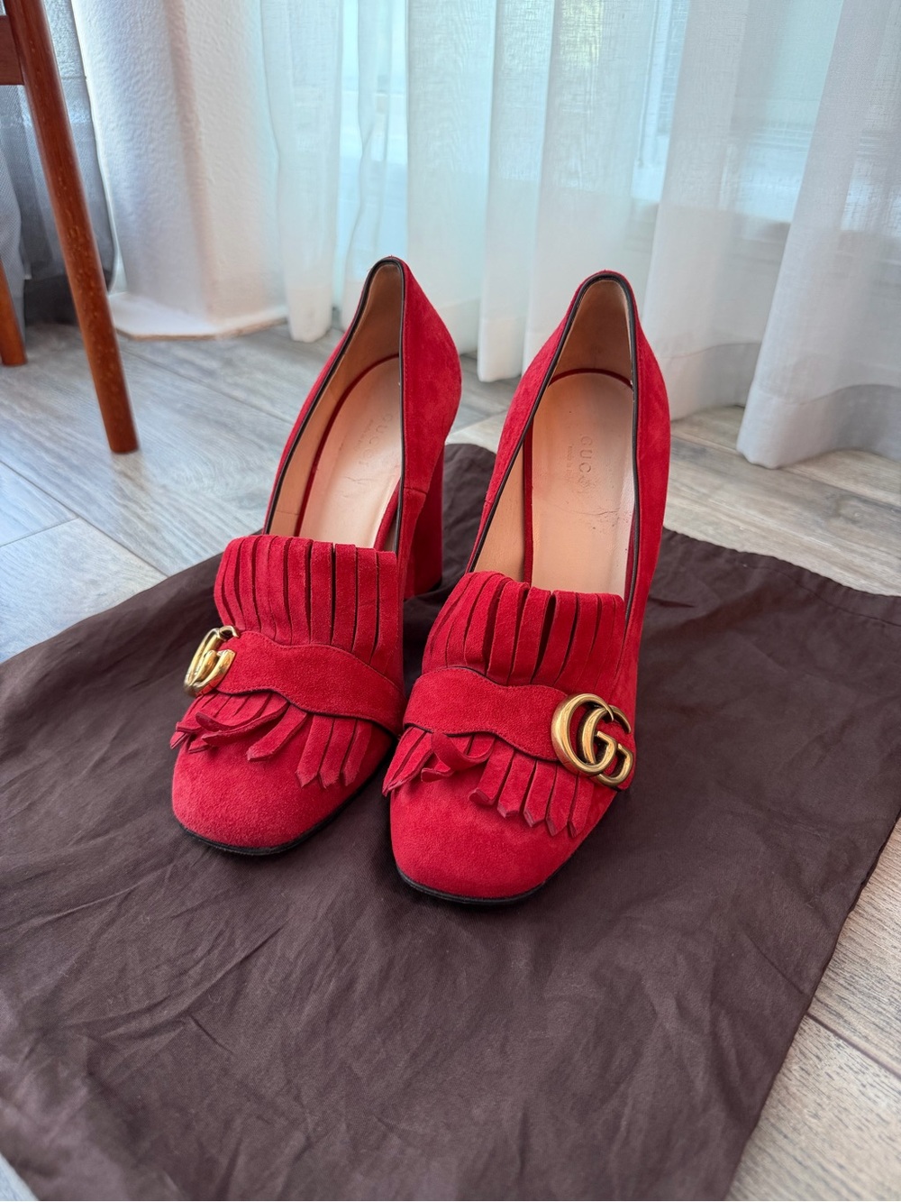 Gucci Red Suede Fringe Pumps with Gold Double-G